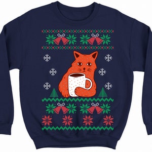 cat and coffee ugly christmas sweater, funny christmas sweater for men women, holiday xmas sweatshirt for christmas party