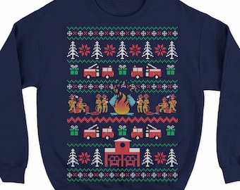 May include: A navy blue Christmas sweater with a festive fire department theme. The sweater features fire trucks, firefighters, a fire station, and Christmas trees.