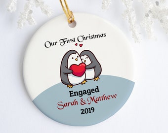 Our first christmas engaged, Personalized Engagement Ornament, marriage proposal gift for couple, penguin custom christmas tree decoration