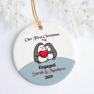 Our first christmas engaged, Personalized Engagement Ornament, marriage proposal gift for couple, penguin custom christmas tree decoration
