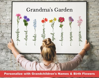 Grandmas garden personalized art print, Birth Month Flowers with grandkids names, Gift for grandma birthday, Family Name Watercolor canvas