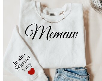 Personalized Memaw Sweatshirt with grandkids Names on Sleeve, Custom Mothers Day Gift, Birthday Gift for Memaw, grandchildrens initials