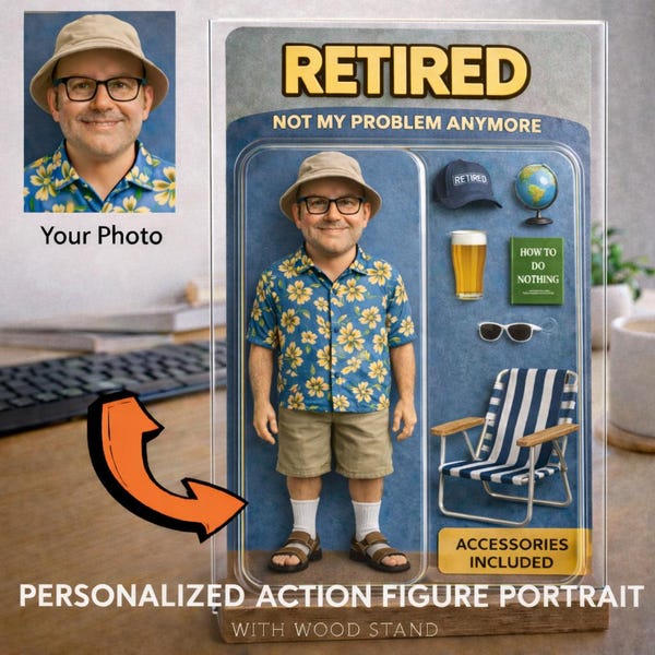 Personalisierte Ruhestand Action Figure Porträt, individuelles Fotogeschenk (Acrylplatte oder Druck)