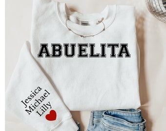 Personalized abuelita Sweatshirt sleeve print custom gift with grandkids Names on Sleeve Mothers Day grandchildrens initials Birthday Gift