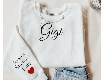 Personalized gigi Sweatshirt with grandkids Names on Sleeve, Custom Mothers Day Gift, Birthday Gift for gigi, grandchildrens initials