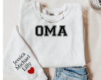 Personalized oma Sweatshirt sleeve print custom gift with grandkids Names on Sleeve Mothers Day grandchildrens initials Birthday Gift