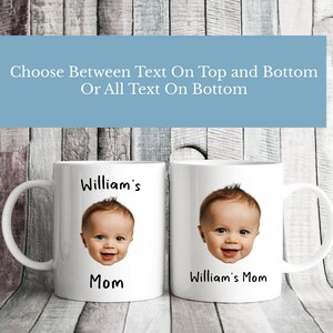 May include: Two white ceramic mugs with a baby's face printed on them. The mug on the left has the text "William's Mom" printed on it. The mug on the right has the text "William's Mom" printed on it.