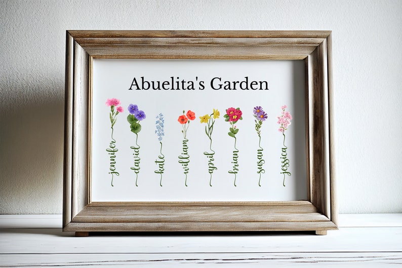 May include: A framed print with the title "Abuelita's Garden" featuring a watercolor illustration of nine different flowers with names written underneath each flower: Jennifer, David, Kate, William, April, Brian, Susan, and Jessica.