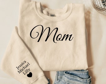 Personalized Mom Sweatshirt with Kid Names on Sleeve, Custom Mothers Day Gift, Birthday Gift for Mom, cool Mom Sweater childrens initials