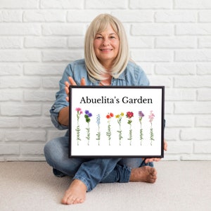 May include: A framed print with the title "Abuelita's Garden" featuring a colorful arrangement of flowers with names written underneath each flower. The names are Jennifer, David, Kate, William, April, Brian, Susan, and Jessica.