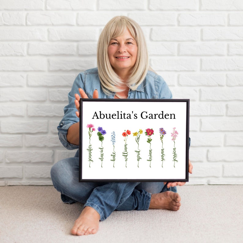 May include: A framed print with the title "Abuelita's Garden" featuring a colorful arrangement of flowers with names written underneath each flower. The names are Jennifer, David, Kate, William, April, Brian, Susan, and Jessica.