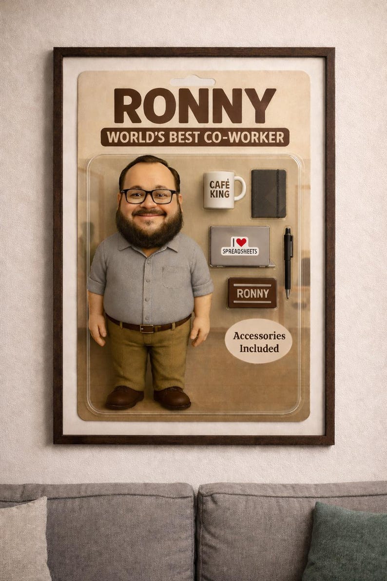 Pu&ograve; includere: Un oggetto di novit&agrave; incorniciato con una statuina di un uomo con occhiali e barba, etichettato "RONNY, WORLD'S BEST CO-WORKER". Gli accessori includono una tazza, un taccuino, un laptop, una penna e una targhetta. La confezione recita "Accessori inclusi".