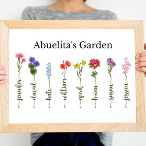 May include: A framed print with the text "Abuelita's Garden" and a series of colorful flowers with names written underneath each flower. The names are Jennifer, David, Kate, William, April, Brian, Susan, and Jessica.