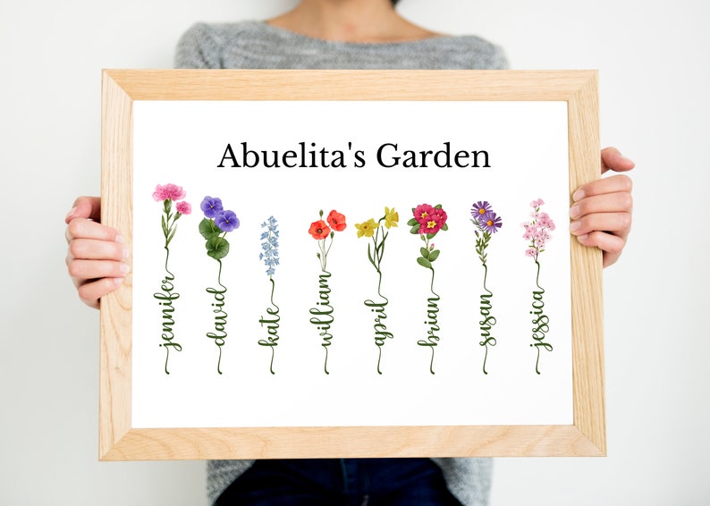 May include: A framed print with the text "Abuelita's Garden" and a series of colorful flowers with names written underneath each flower. The names are Jennifer, David, Kate, William, April, Brian, Susan, and Jessica.