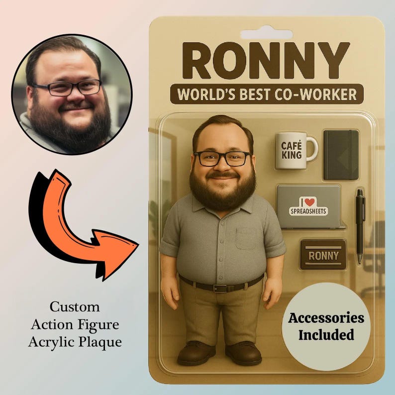 Pu&ograve; includere: Action figure personalizzata di un uomo con occhiali, camicia grigia e pantaloni kaki. La confezione recita "RONNY WORLD'S BEST CO-WORKER". Gli accessori includono una tazza da caff&egrave;, un laptop, un tablet, una penna e una targhetta. &Egrave; inclusa anche una placca in acrilico.