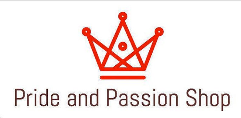 May include: A red crown with a line underneath, and the text "Pride and Passion Shop" in black.