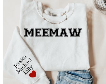 Personalized Meemaw Sweatshirt sleeve print custom gift with grandkids Names on Sleeve Mothers Day grandchildrens initials Birthday Gift