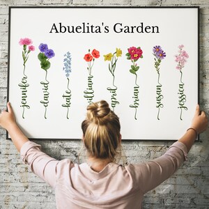 May include: A white framed print with the text "Abuelita's Garden" at the top.  The print features seven watercolor illustrations of flowers with names written underneath each flower: Jennifer, David, Kate, William, April, Brian, Susan, and Jessica.
