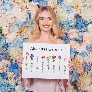 May include: A white card with the text "Abuelita's Garden" at the top.  There are eight different flowers with names written underneath each flower. The names are Jennifer, David, Kate, William, April, Brian, Susan, and Jessica.