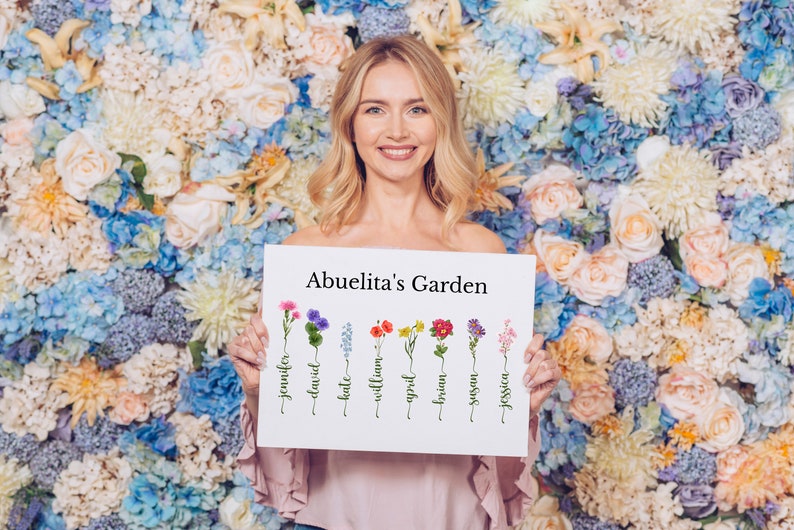 May include: A white card with the text "Abuelita's Garden" at the top.  There are eight different flowers with names written underneath each flower. The names are Jennifer, David, Kate, William, April, Brian, Susan, and Jessica.