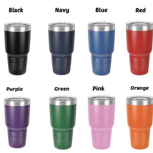 May include: Set of ten stainless steel tumblers in various colors, including black, navy, blue, red, purple, green, pink, and orange. Each tumbler has a stainless steel lid.