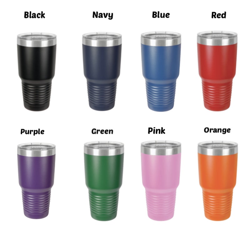 May include: Set of ten stainless steel tumblers in various colors, including black, navy, blue, red, purple, green, pink, and orange. Each tumbler has a stainless steel lid.
