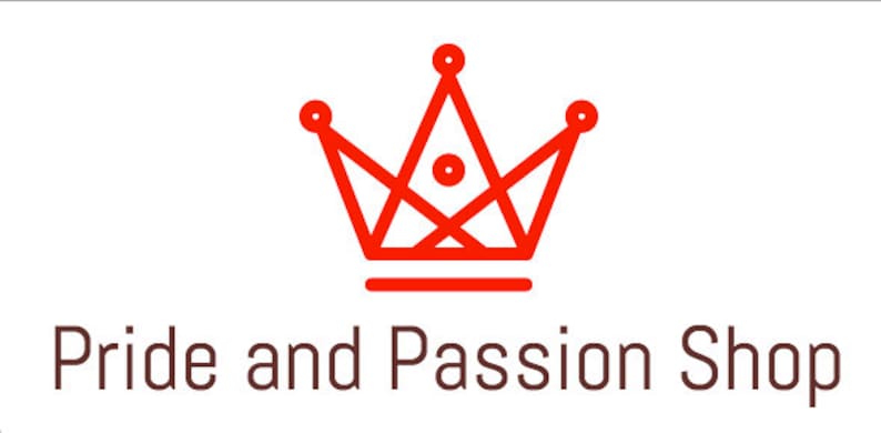 May include: A red crown with a geometric design and the text "Pride and Passion Shop" below it.