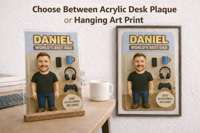 Puede incluir: Placa de escritorio acr&iacute;lica o impresi&oacute;n art&iacute;stica colgante con una figura de un hombre y el texto "DANIEL WORLD'S BEST DAD". La figura incluye accesorios como un tel&eacute;fono, una taza, auriculares y un mando de juegos.