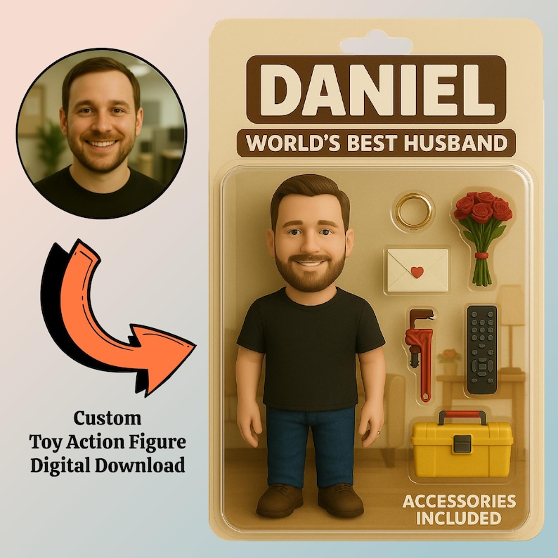Op de afbeelding: Een op maat gemaakte actiefiguur van een man in een zwart T-shirt en een blauwe jeans, met accessoires. De verpakking leest "DANIEL WORLD'S BEST HUSBAND". Accessoires: ring, rozen, brief, moersleutel, afstandsbediening en gele gereedschapskist. Een foto van de man is ook inbegrepen.