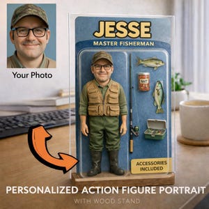 May include: A personalized action figure portrait of a man wearing a fishing vest, hat, and glasses. The figure is displayed with fishing accessories, including a fishing rod, fish, and bait. The packaging reads "JESSE MASTER FISHERMAN".