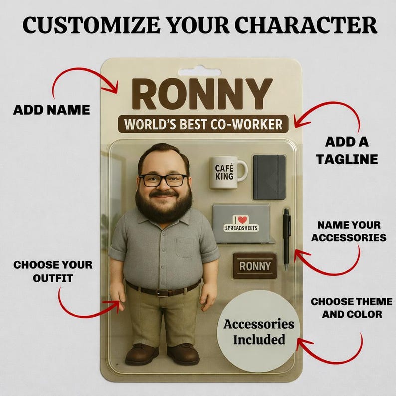 Pu&ograve; includere: Action figure personalizzabile di un uomo con occhiali, camicia grigia e pantaloni kaki. La confezione include accessori come una tazza, un taccuino, un laptop, una penna e una targhetta con il nome "RONNY". Il testo recita "WORLD'S BEST CO-WORKER".