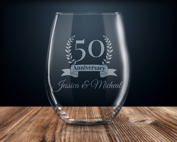50 year anniversary gift, 50th anniversary gift, personalized anniversary gift, wedding anniversary stemless wine glass, 50 years married