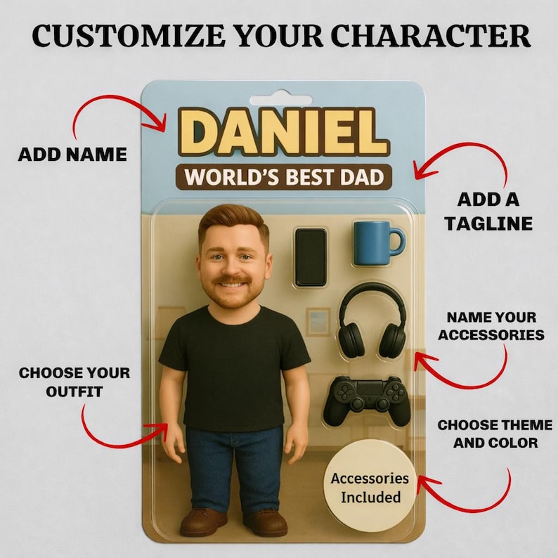Puede incluir: Una figura de acci&oacute;n personalizable de un hombre con camiseta negra y vaqueros azules. El embalaje dice "DANIEL WORLD'S BEST DAD" e incluye accesorios como un tel&eacute;fono, una taza, auriculares y un mando de juegos. El texto en el embalaje dice "Customize Your Character".