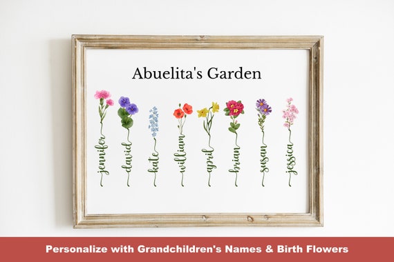 Abuelita's garden personalized art print, Birth Month Flowers with grandkid names, Gift for Abuelita birthday, Family Name Watercolor canvas