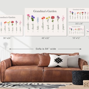 boho living room with grandma garden personalized art print with grandkid's names and birth flowers hangs on wall