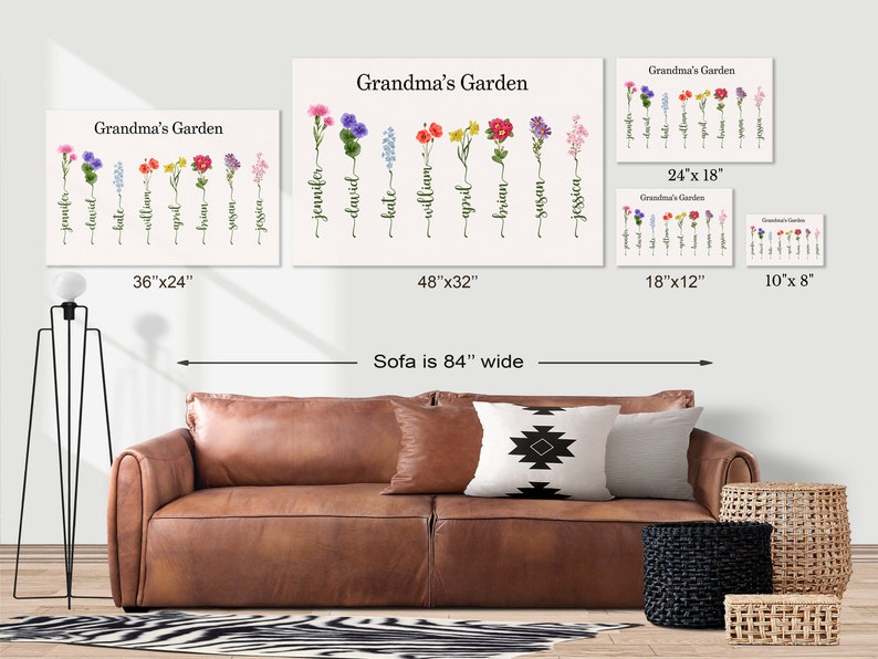 boho living room with grandma garden personalized art print with grandkid's names and birth flowers hangs on wall