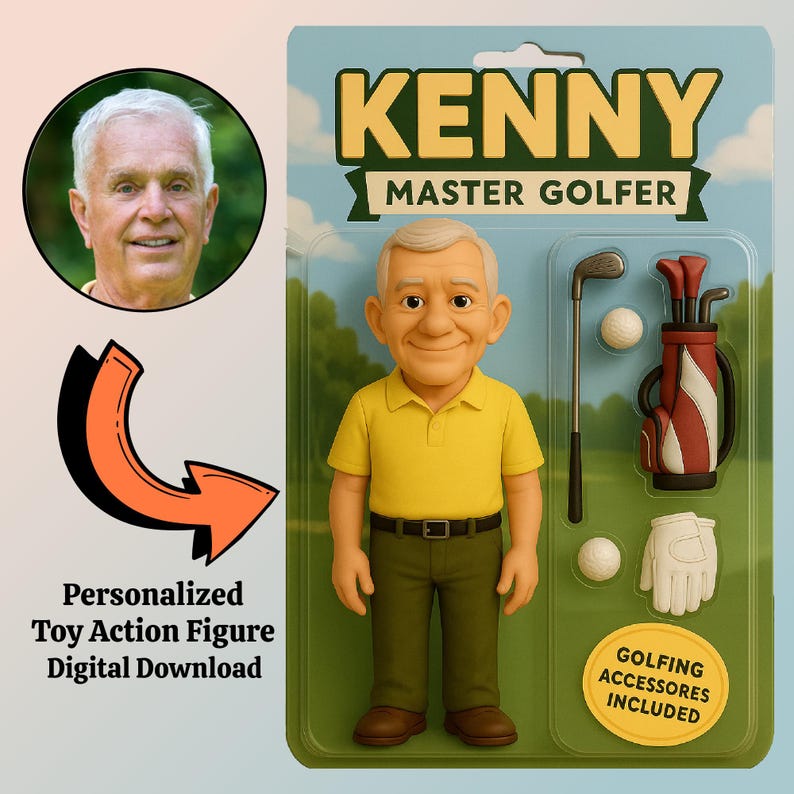 May include: A personalized toy action figure of a man with gray hair and a yellow shirt. The figure is holding a golf club and is standing on a green background. The text "Kenny Master Golfer" is printed on the packaging. The text "Golfing Accessories Included" is also printed on the packaging.
