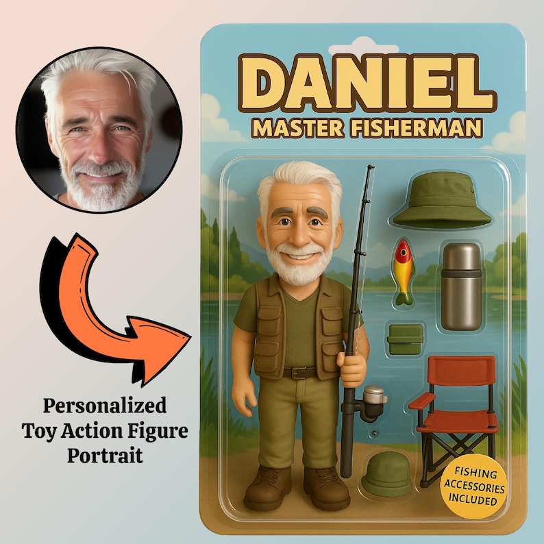 Op de afbeelding: Een gepersonaliseerde actiefiguur van een lachende oudere man, met het label "Daniel Master Fisherman". De figuur draagt een visoutfit en wordt geleverd met accessoires zoals een hengel, hoed en stoel. De verpakking bevat de tekst "Visaccessoires inbegrepen".