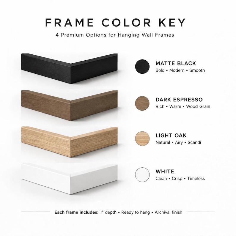 Pu&ograve; includere: Immagine che mostra una chiave dei colori della cornice con quattro opzioni premium per appendere le cornici a muro. Le opzioni includono nero opaco, espresso scuro, rovere chiaro e bianco. Ogni cornice ha una profondit&agrave; di 2.5 cm ed &egrave; pronta per essere appesa.