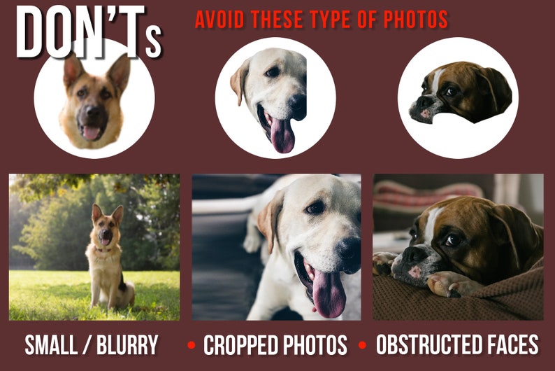 May include: A graphic with the text "DON'T'S" in red letters. The graphic shows three examples of photos to avoid when taking pictures of dogs. The first example shows a blurry photo of a German Shepherd. The second example shows a cropped photo of a Labrador Retriever. The third example shows a photo of a Boxer with its face obstructed by a blanket. The text below the photos reads "SMALL / BLURRY", "CROPPED PHOTOS", and "OBSTRUCTED FACES".
