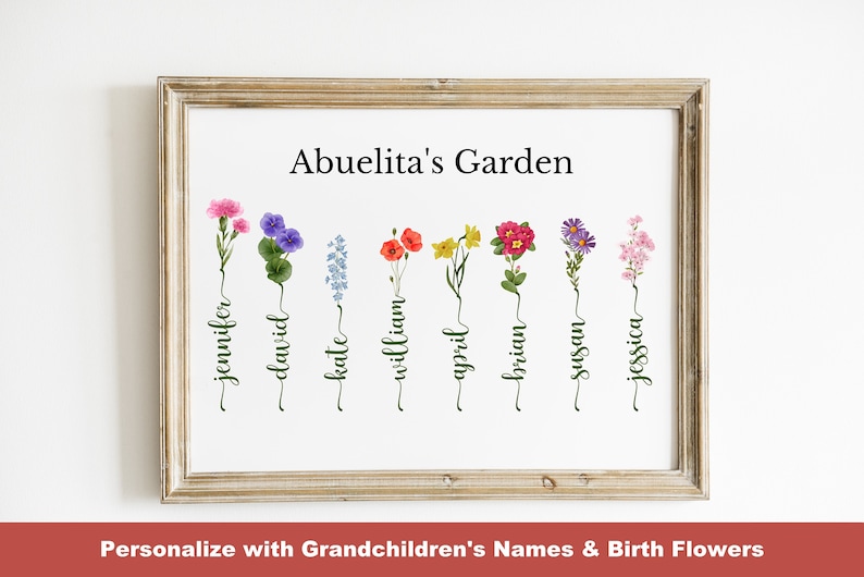 May include: A printable art print with the text "Abuelita's Garden" and a floral design featuring different flowers and names written vertically below each flower.