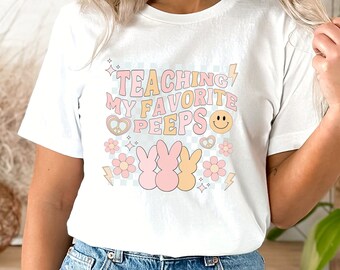 Teaching My Favorite Peeps Easter T Shirt, Peeps Teacher Shirt for Easter, Retro Peeps Tshirt, Groovy Easter School shirt, Cute Bunny Tshirt