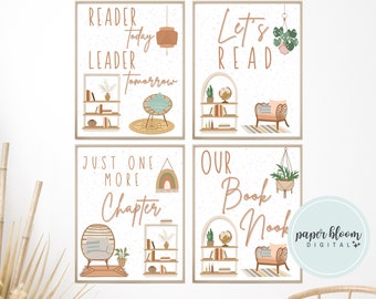 May include: Four printable posters with illustrations of a bookshelf, a chair, and plants. The posters have text that reads "Reader Today Leader Tomorrow", "Let's Read", "Just One More Chapter", and "Our Book Nook".