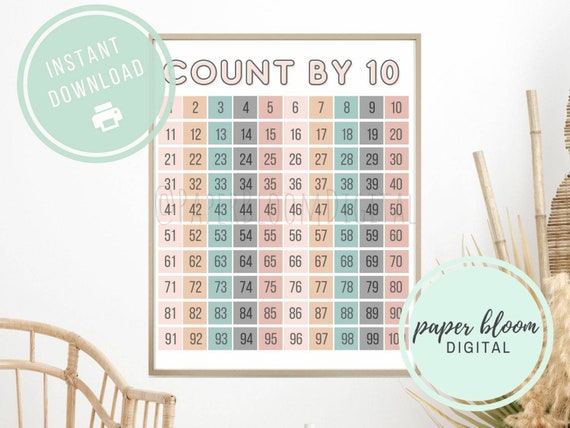 Count by 10 Math Printable Boho Theme Homeschool Printables | Math Worksheets for Classroom | Boho Theme Classroom Kindergarten Printables