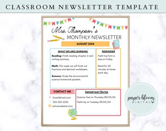 Classroom Newsletter Template for School Teacher Newsletter | Editable Newsletter Template | Monthly or Weekly Classroom Newsletter Template