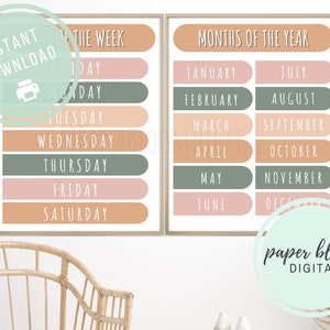 Dagen van de week Maanden van het jaar Set van 2 printables Leren klasgrafieken | Pre-K-afdrukbare bestanden | Educatieve printables 8x10 | 16x20"