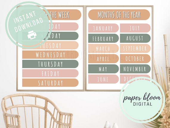 Days of the Week Months of the Year Set of 2 Printables - Etsy