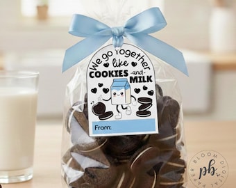 Valentine's Day Cookies and Milk gift tags, classroom valentines, Valentine's Day gift tag for student, gift idea, cookie party favor