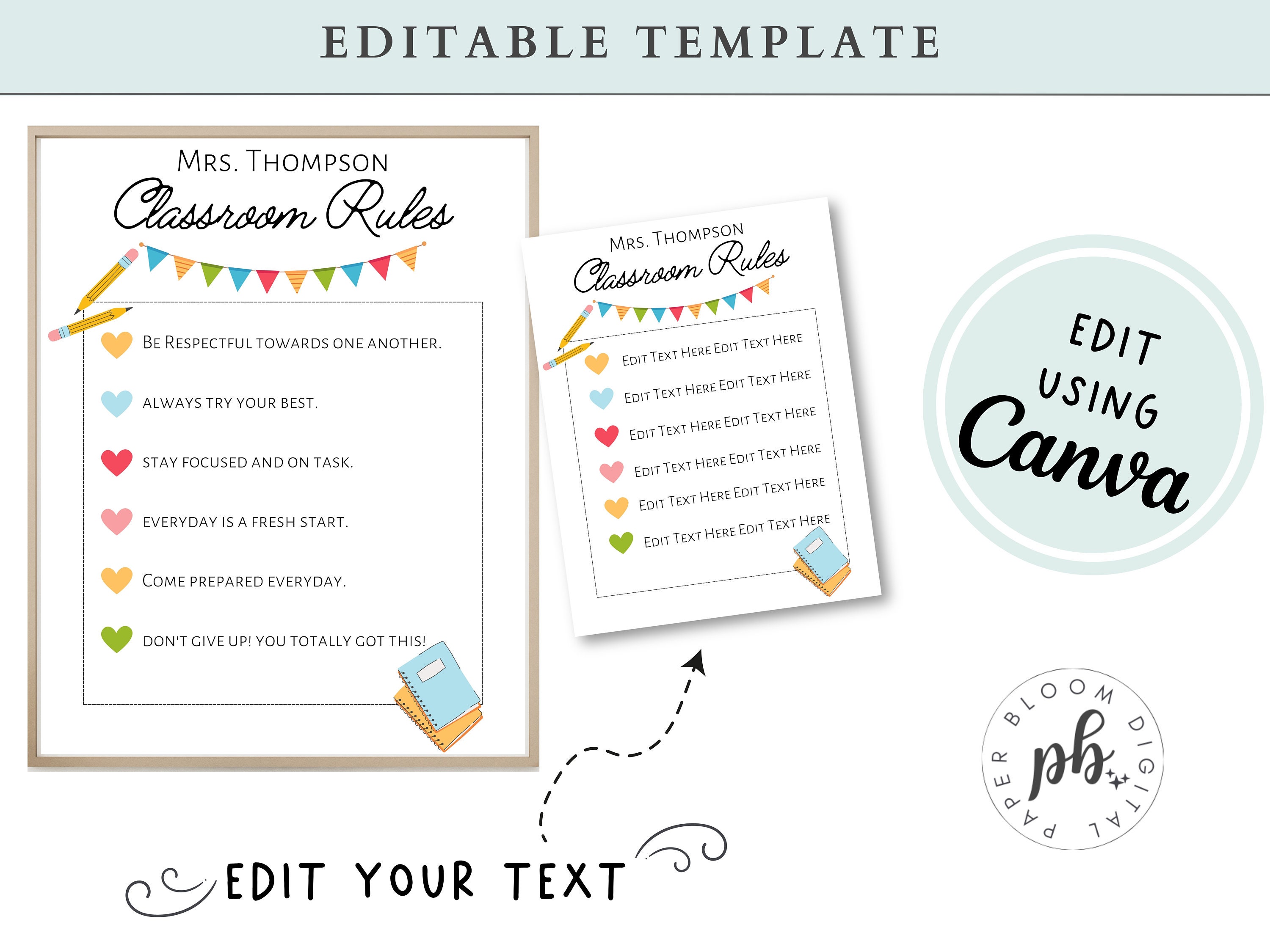 Classroom Rules Poster Editable Template | Teacher Rules for Classroom ...