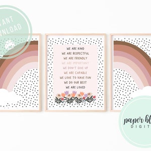 Positieve bevestiging neutrale kleuren set van 3 posters | Modern regenboogdecor | Natuurlijke bohokunstafdrukken | Neutrale regenboog voor klaslokalen